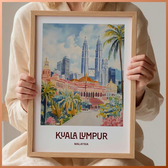 Kuala Lumpur Malaysia Petronas Towers Skyline Watercolor Travel Poster