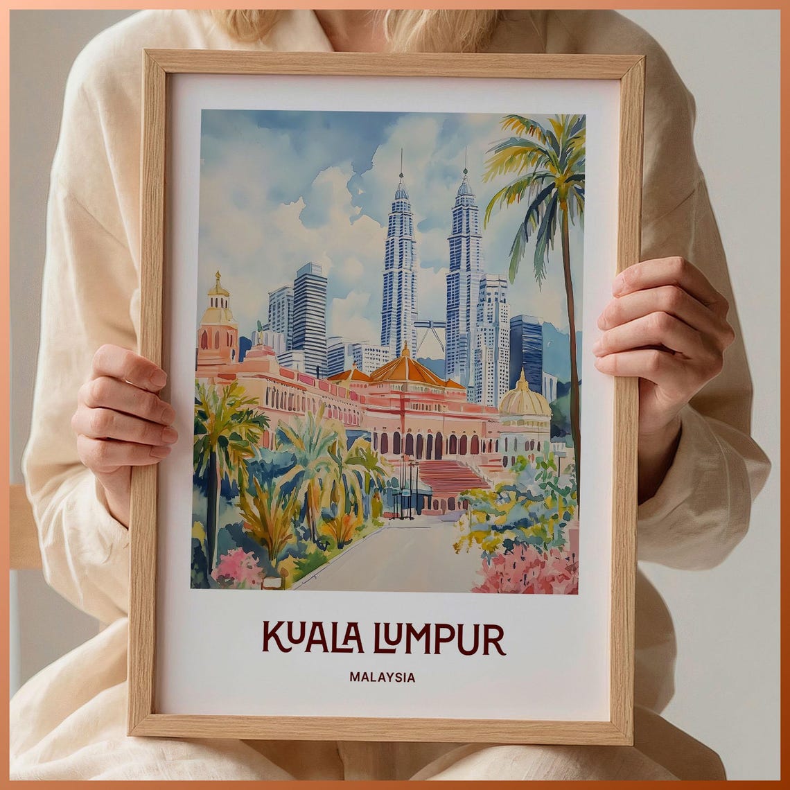 Kuala Lumpur Malaysia Petronas Towers Skyline Watercolor Travel Poster