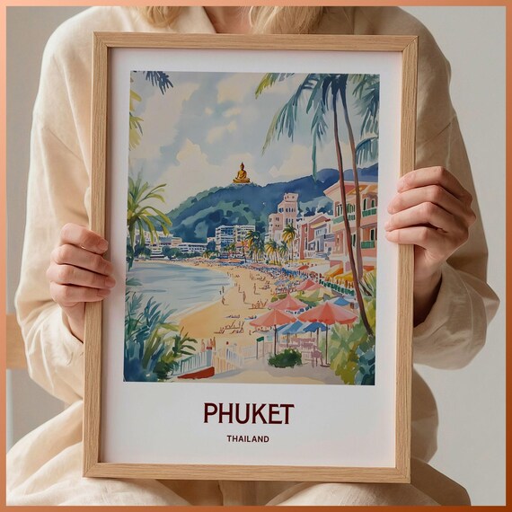 Phuket Thailand Beach Big Buddha Palm Watercolor Travel Poster