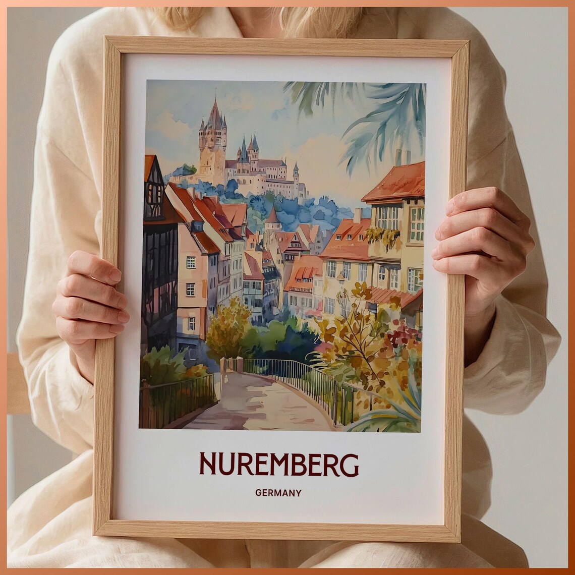 Nuremberg Germany Castle Hill Old Town Watercolor Travel Poster