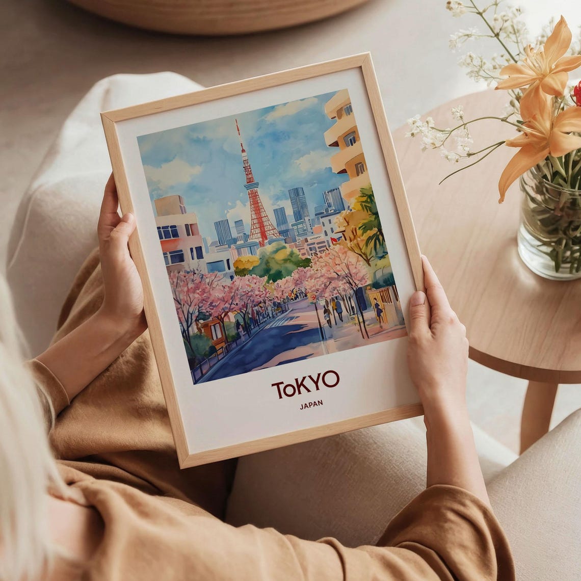 Tokyo Japan Pastel Landmark Tower Cherry Blossom Scene Poster - Image 5