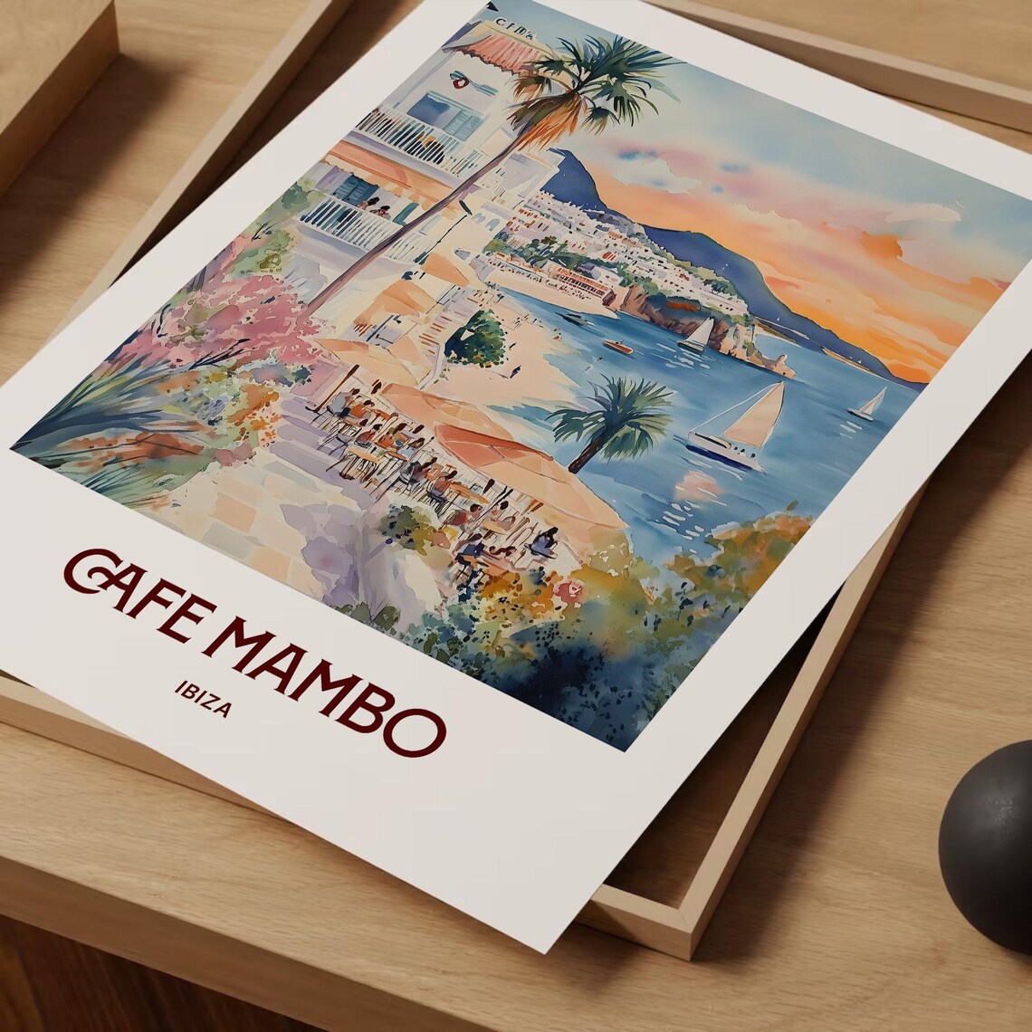 Cafe Mambo Ibiza Beach Sunset Sailboats Watercolor Party Travel Poster - Image 2