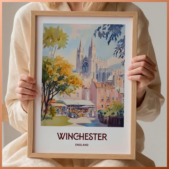 Winchester England Cathedral Market Square Watercolor Travel Poster