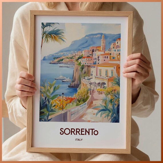 Sorrento Italy Coastal Cliffs Bay Watercolor Travel Poster Art