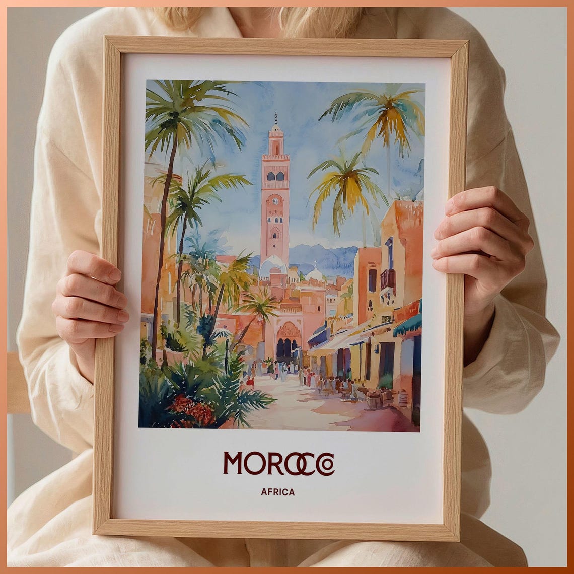 Morocco Africa Marrakech Minaret Bustling Souk Street Palms Poster