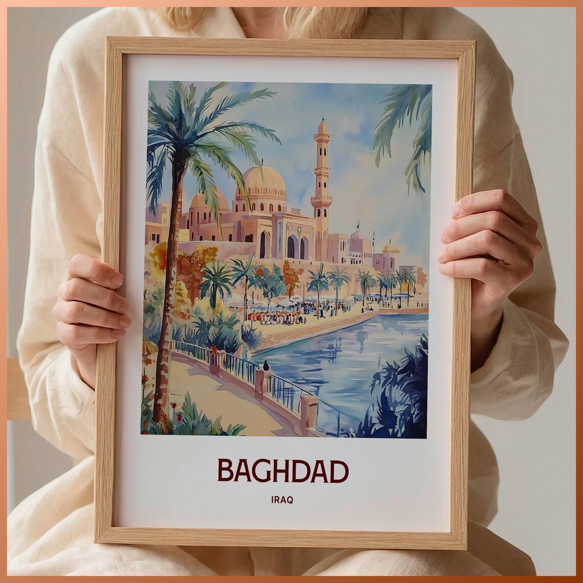 Baghdad Iraq Watercolor Mosque River Palms Riverside Promenade Art Poster