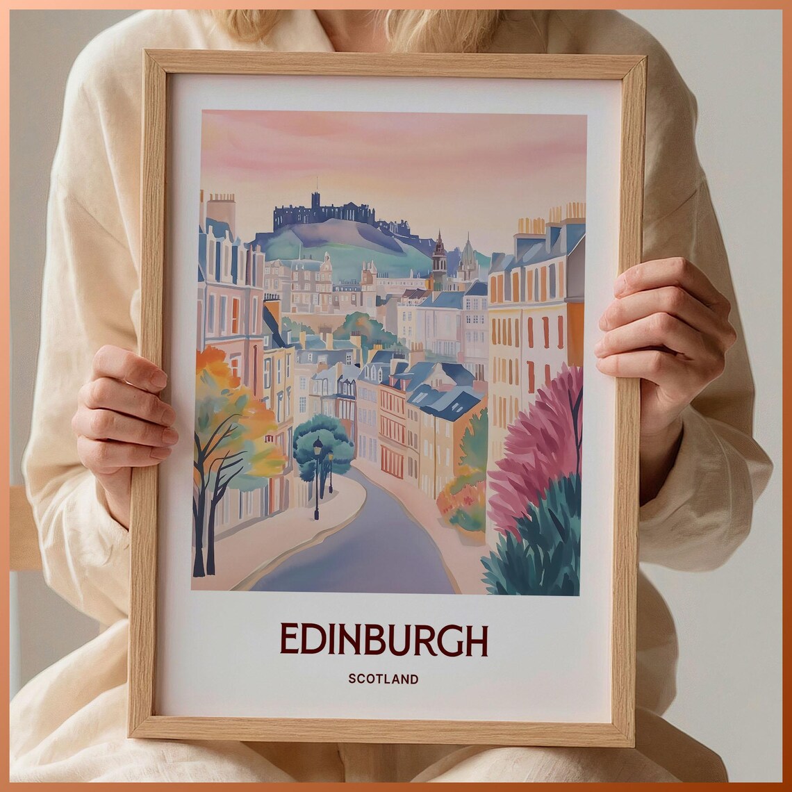 Edinburgh Scotland Castle Old Town Street Watercolor Travel Poster