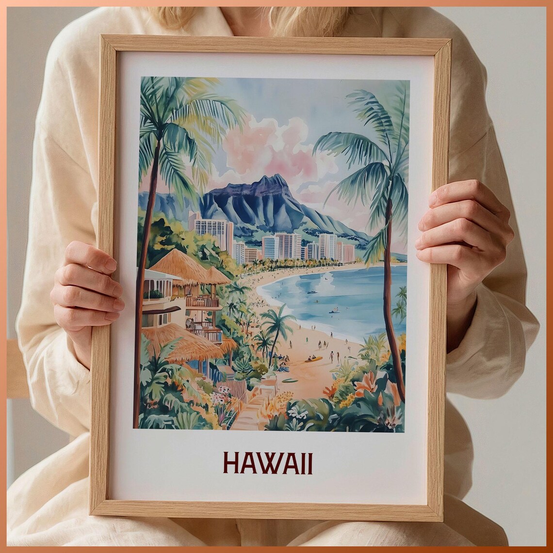 Hawaii Waikiki Beach Diamond Head Watercolor Travel Poster Palms