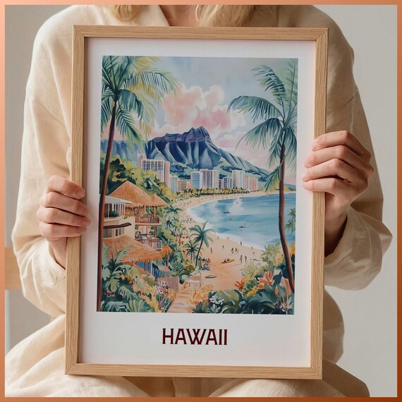 Hawaii Waikiki Beach Diamond Head Watercolor Travel Poster Palms