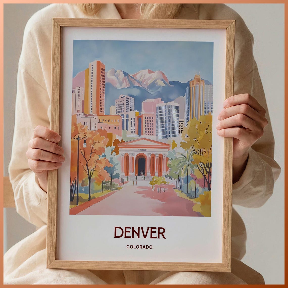 Denver Colorado City Skyline Mountain Backdrop Travel Art Poster