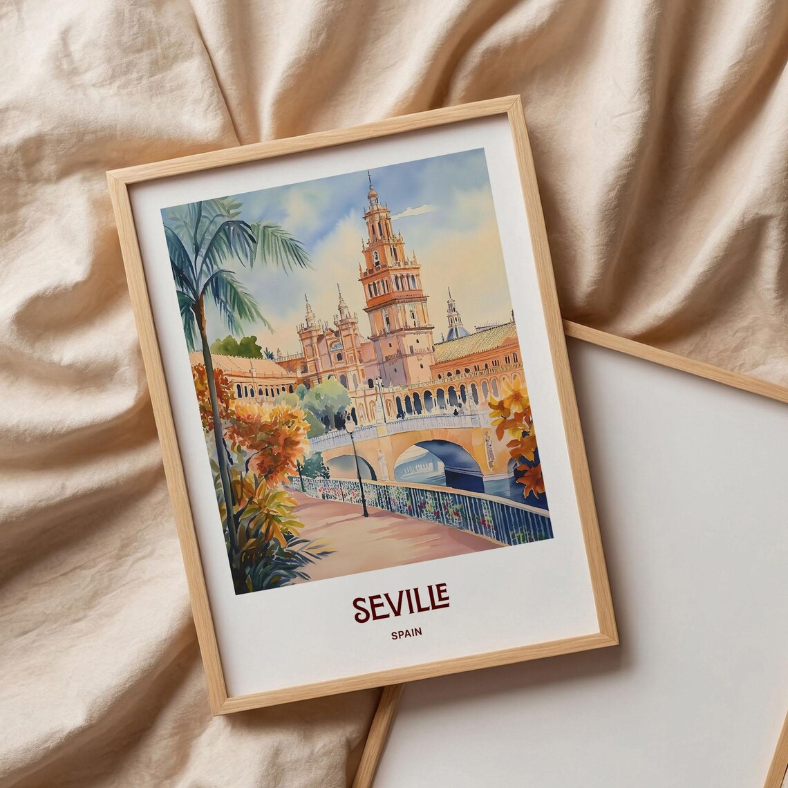 Seville Spain Plaza de Espana Tower Bridge Watercolor Travel Poster - Image 3