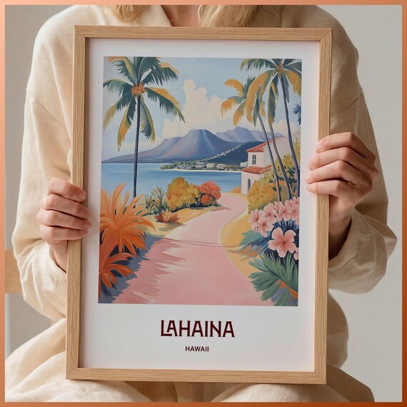 Lahaina Hawaii Tropical Bay Palm Trees Hibiscus Travel Art Poster