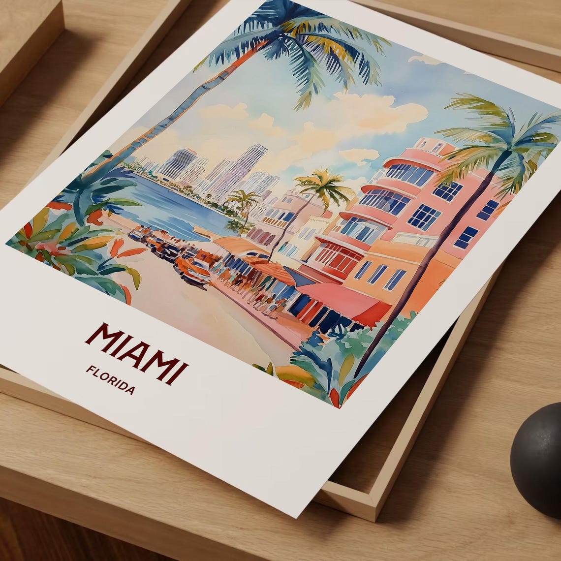 Miami Florida Ocean Drive Art Deco Beach Watercolor Travel Poster - Image 2