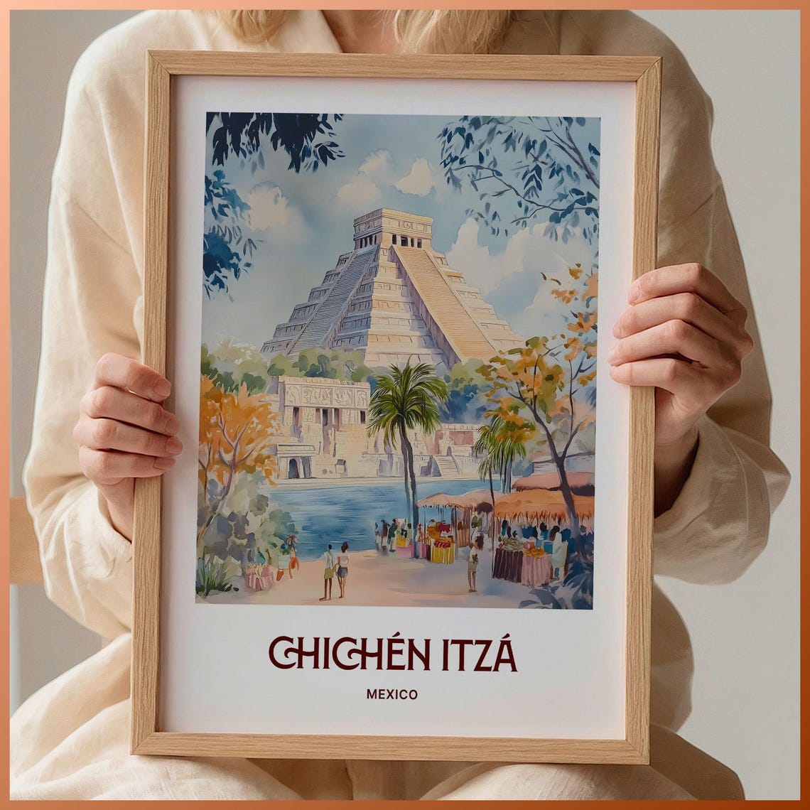 Chichen Itza Mexico Mayan Pyramid El Castillo Watercolor Travel Poster