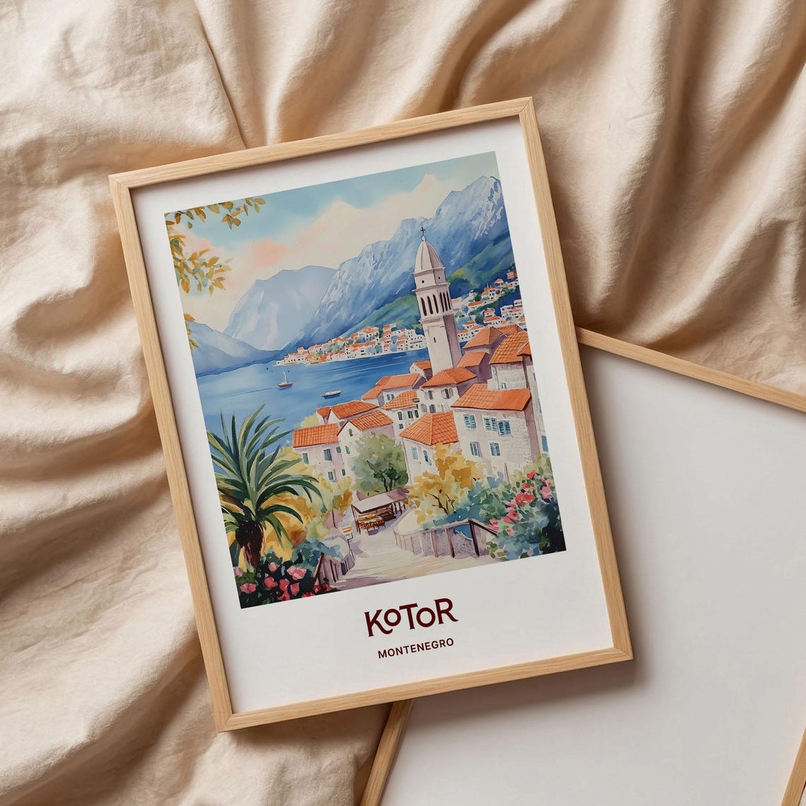 Kotor Montenegro Bay Bell Tower Mountains Watercolor Travel Poster Art - Image 3