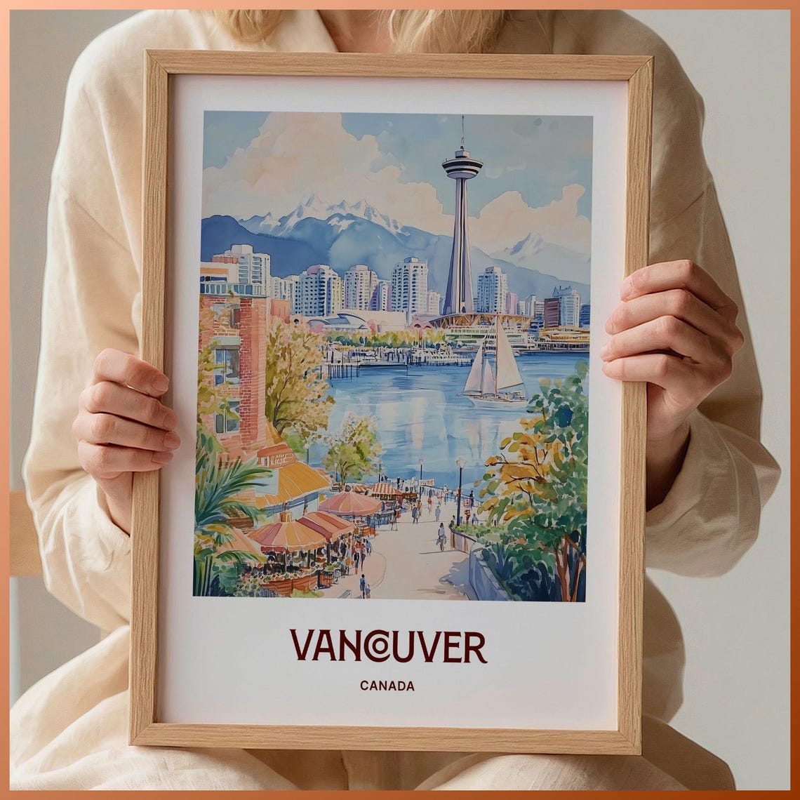 Vancouver Canada Harbour Sailboats Skyline Watercolor Travel Poster