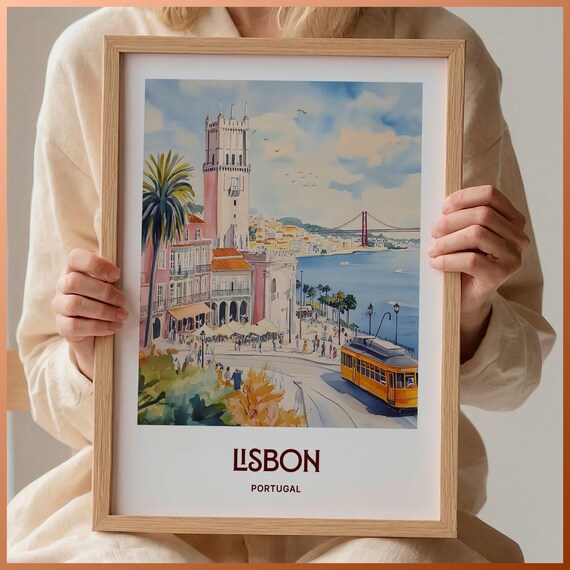 Lisbon Portugal Riverside Tram Bridge Watercolor Travel Poster