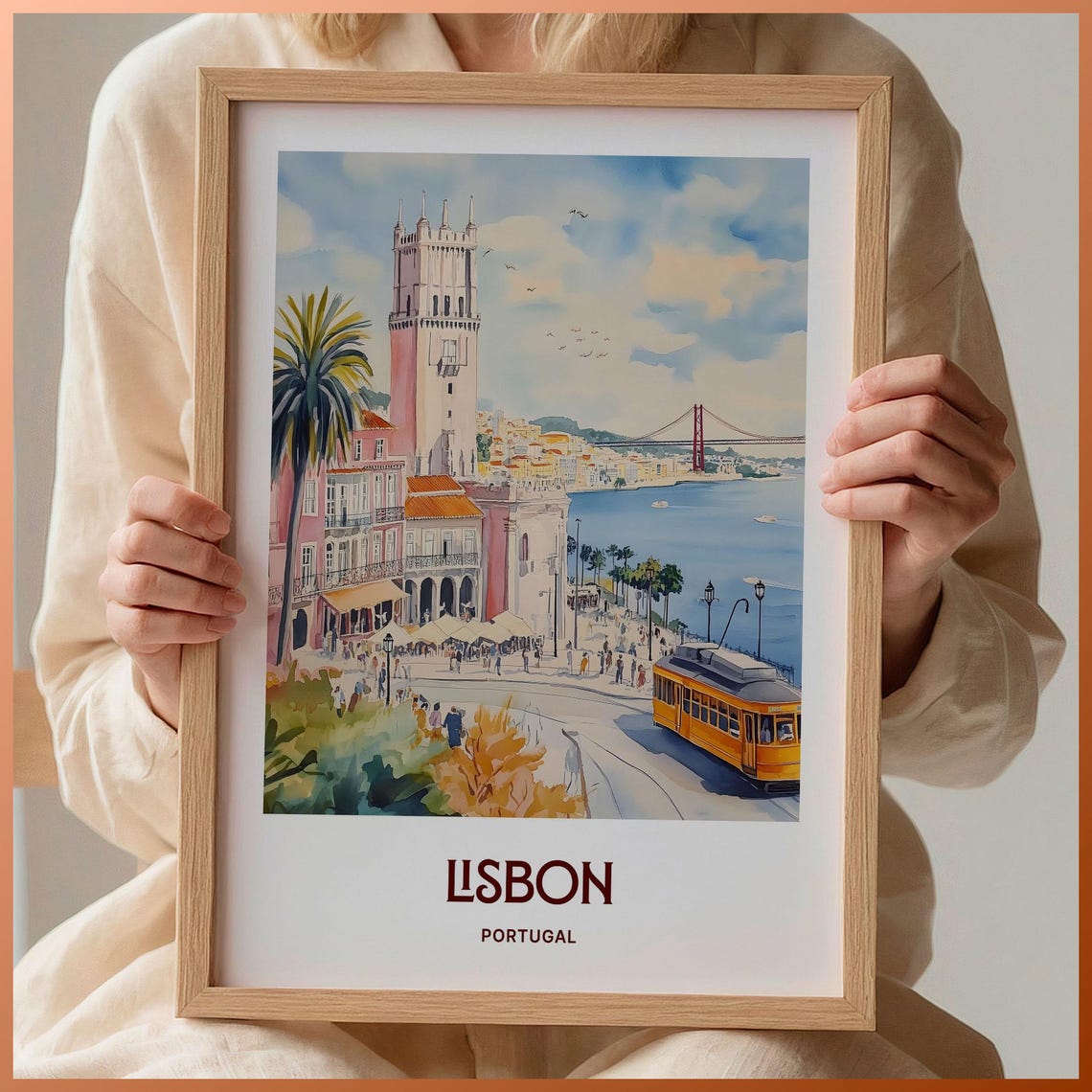 Lisbon Portugal Riverside Tram Bridge Watercolor Travel Poster