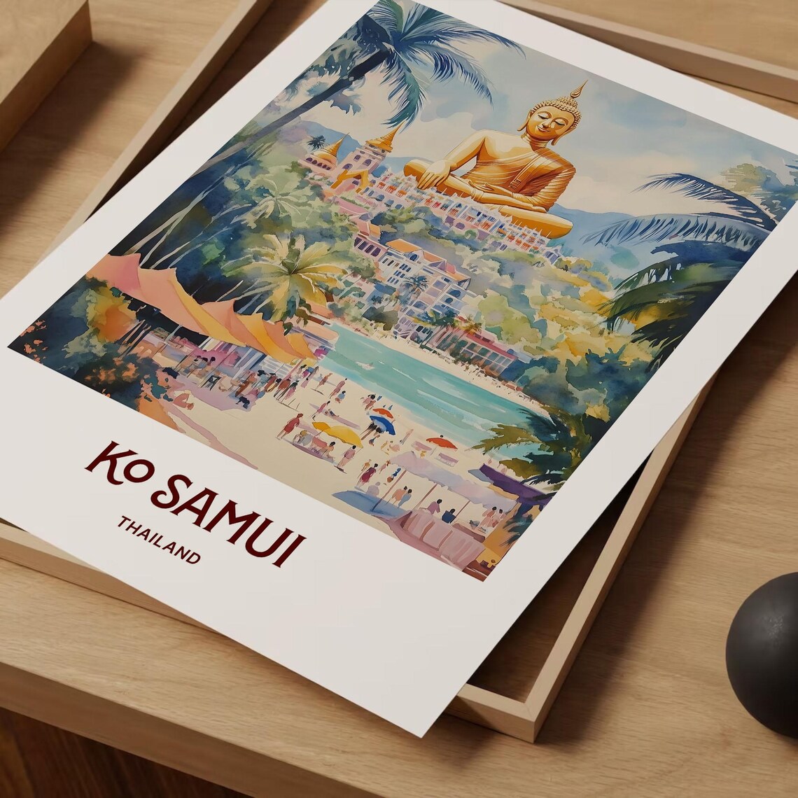Ko Samui Thailand Golden Buddha Beach Watercolor Travel Poster - Image 2