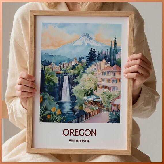 Oregon United States Waterfall Town Mountain Watercolor Travel Poster