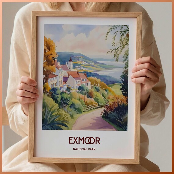 Exmoor National Park Coastal Hillside Watercolor Travel Poster