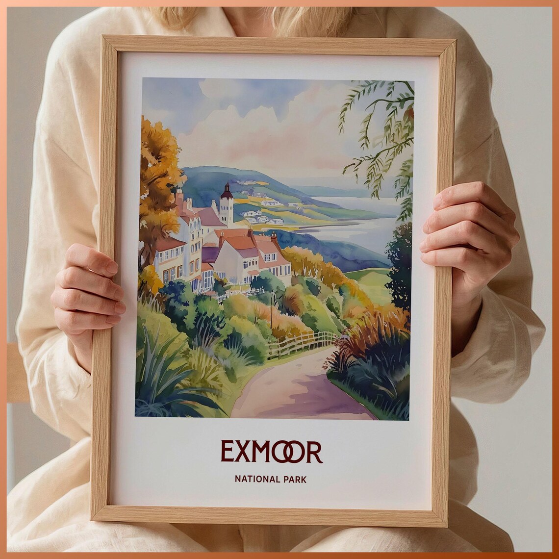 Exmoor National Park Coastal Hillside Watercolor Travel Poster