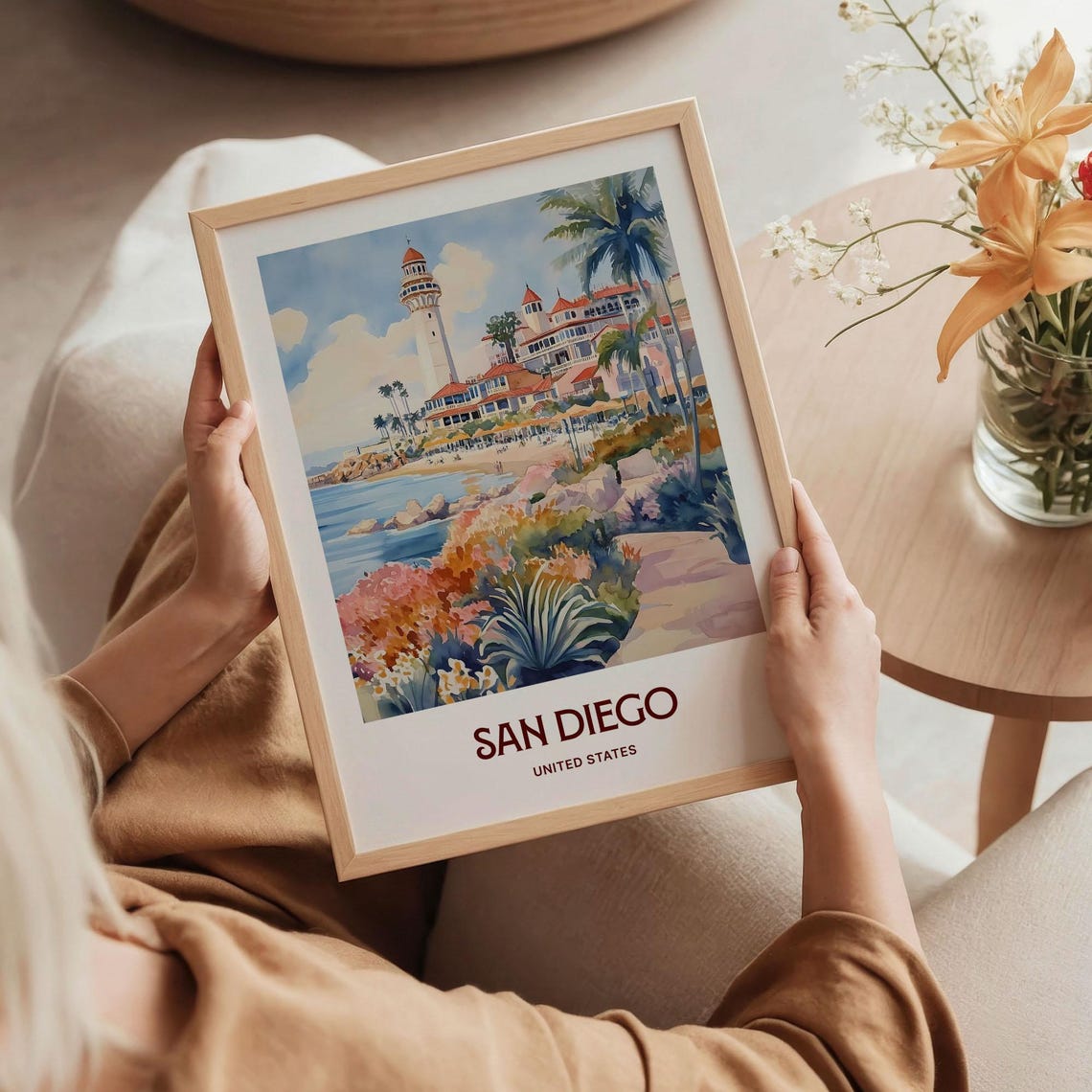 San Diego California Beach Lighthouse Watercolor Poster Palms - Image 5
