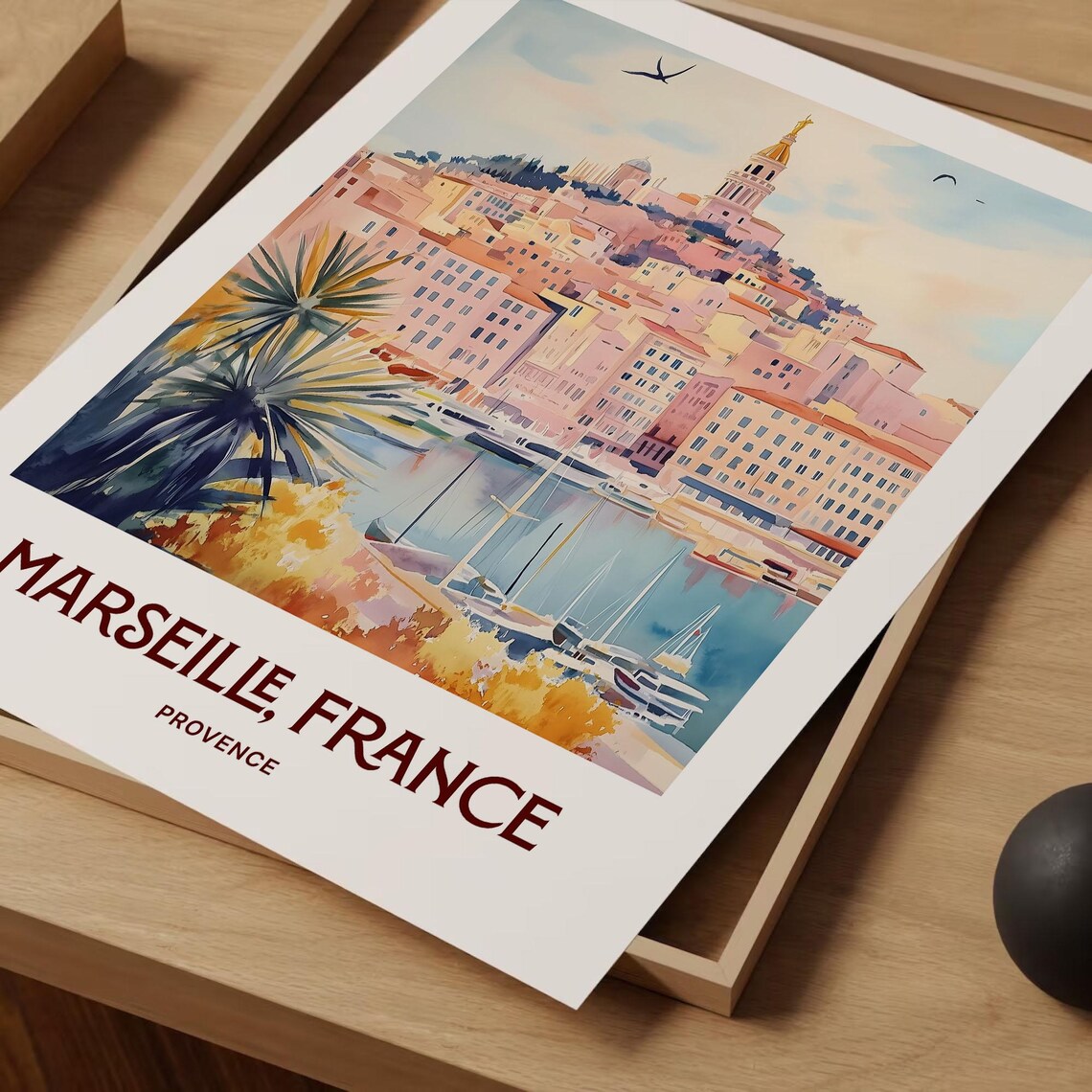 Marseille France Provence Old Port Hilltop Watercolor Travel Poster - Image 2