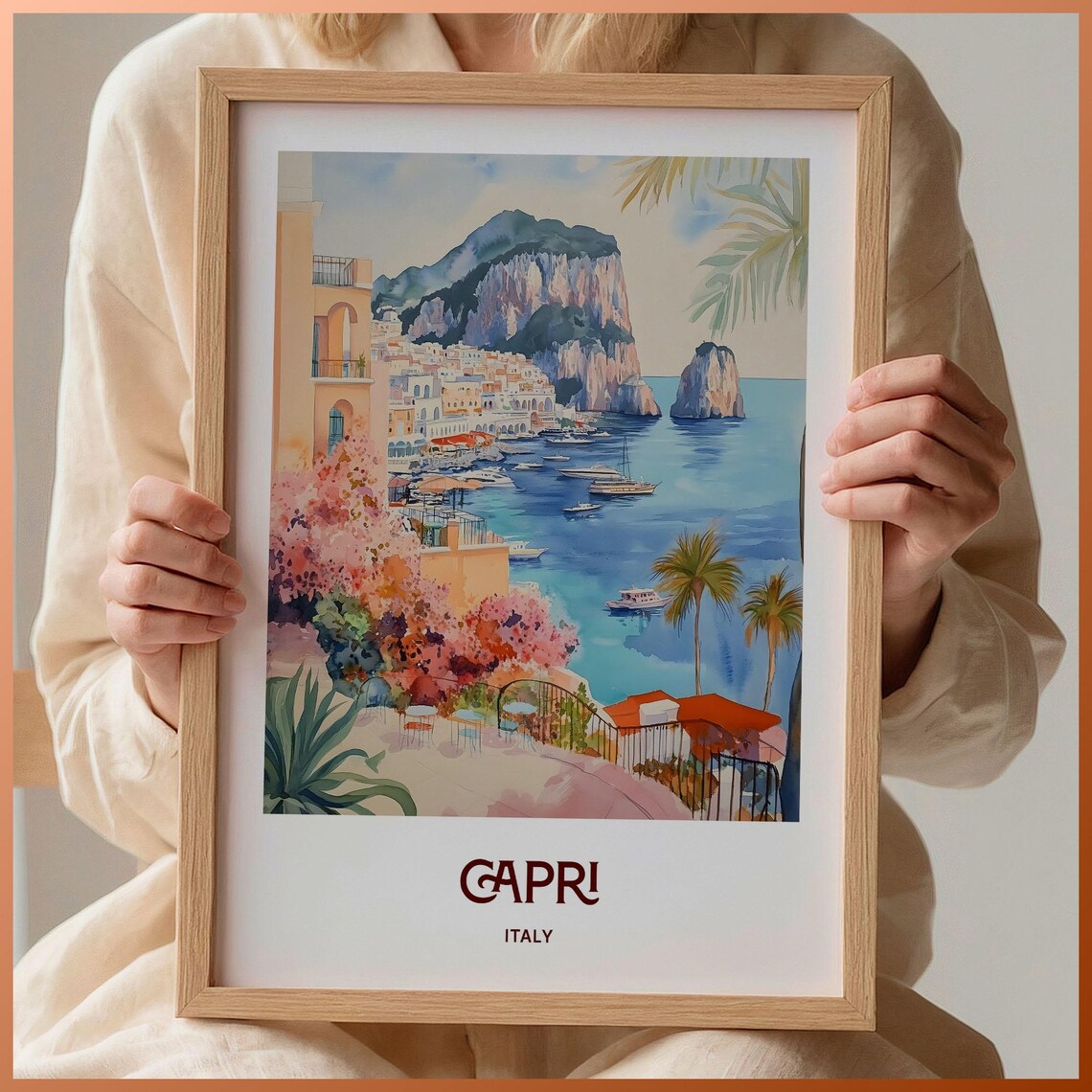 Capri Italy Watercolor Faraglioni Rocks Coast Harbor View Poster