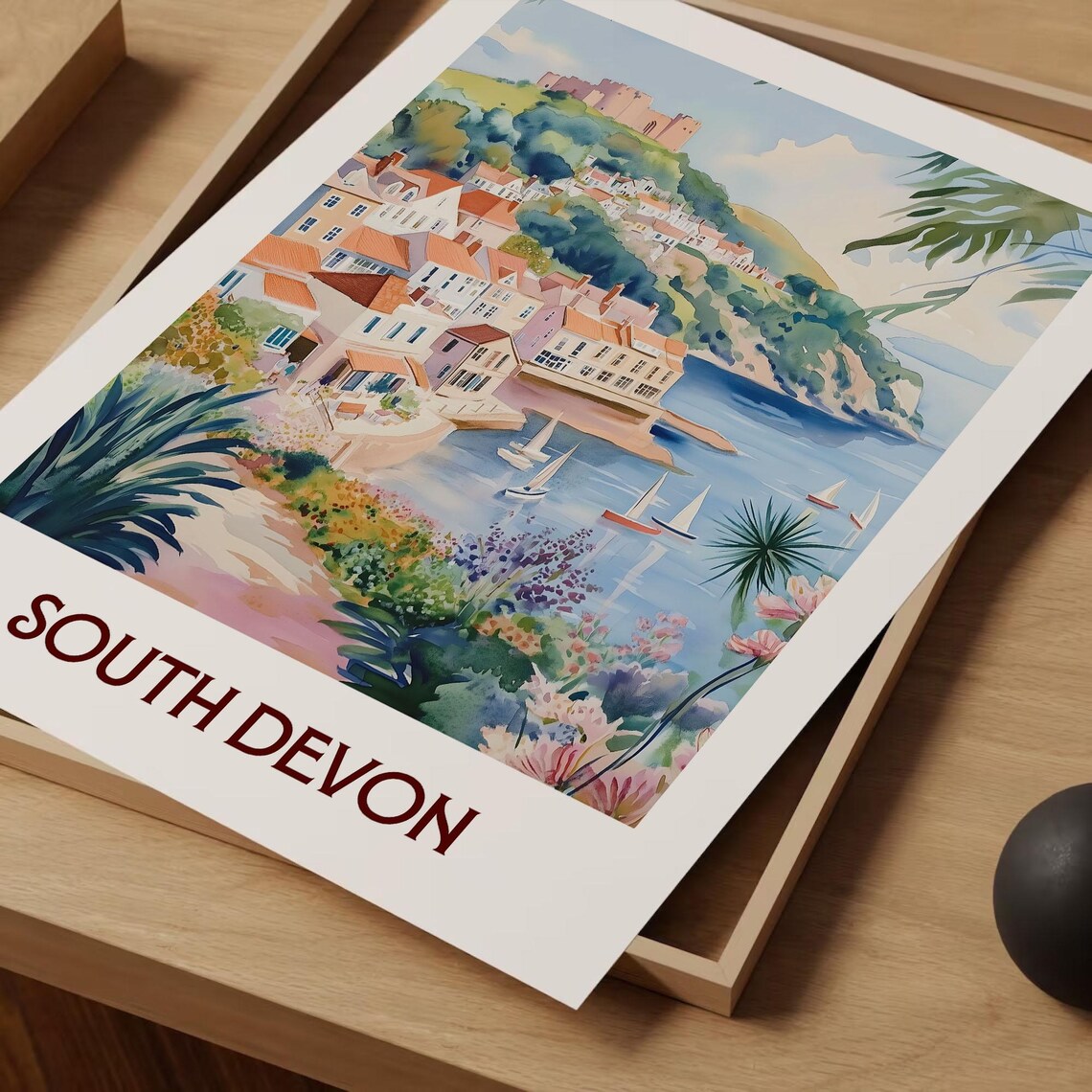 South Devon England Watercolor Harbor Castle Coast Town Poster - Image 2