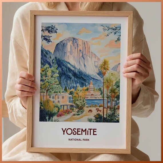 Yosemite National Park Watercolor Granite Cliffs River Valley View Poster