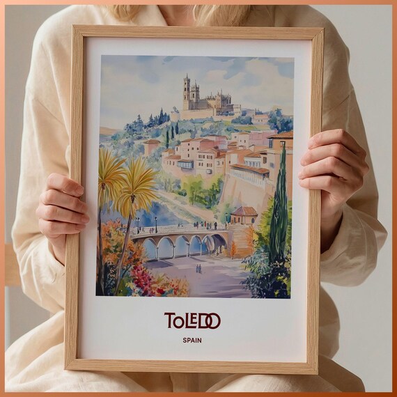 Toledo Spain Historic Alcazar Arched Bridge Watercolor Travel Poster