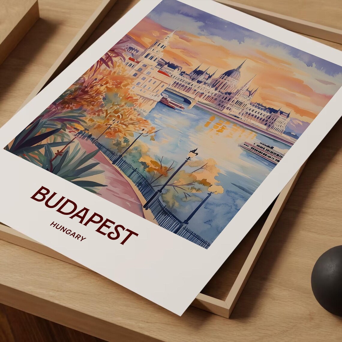 Budapest Hungary Parliament Danube Sunset Watercolor Cityscape Travel Poster - Image 2