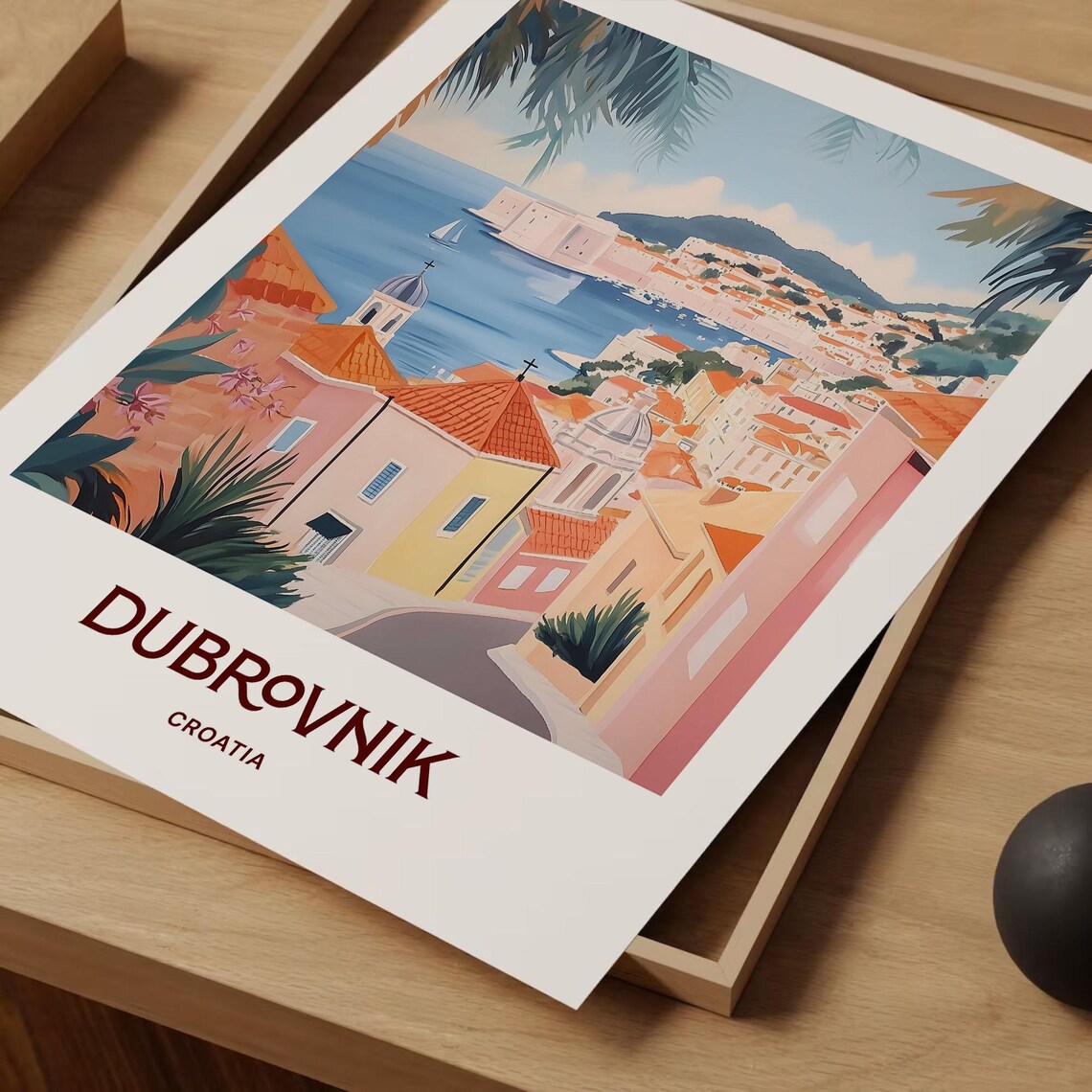 Dubrovnik Croatia Old Town Harbor Terracotta Roofs Watercolor Travel Poster - Image 2