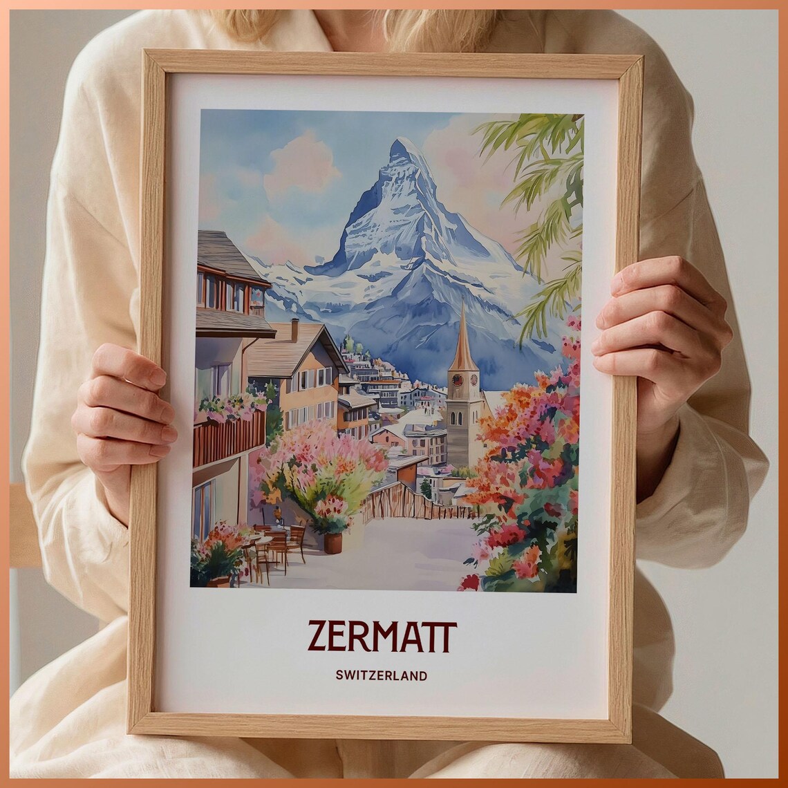 Zermatt Switzerland Watercolor Matterhorn Village Street Poster