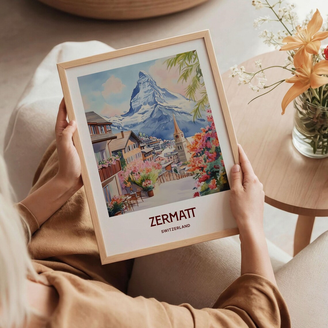 Zermatt Switzerland Watercolor Matterhorn Village Street Poster - Image 5
