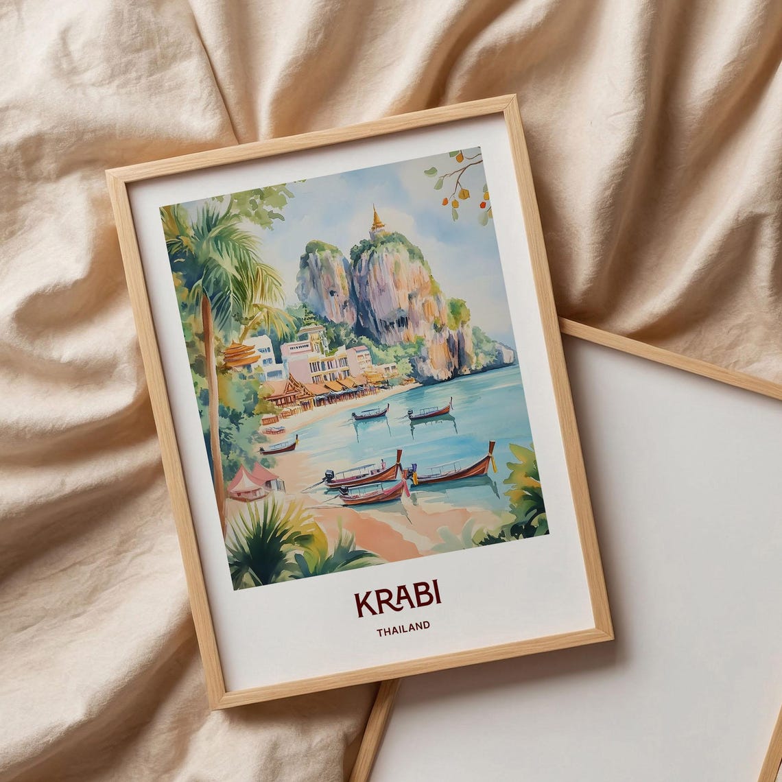 Krabi Thailand Limestone Cliffs Longtail Boats Pastel Poster - Image 3