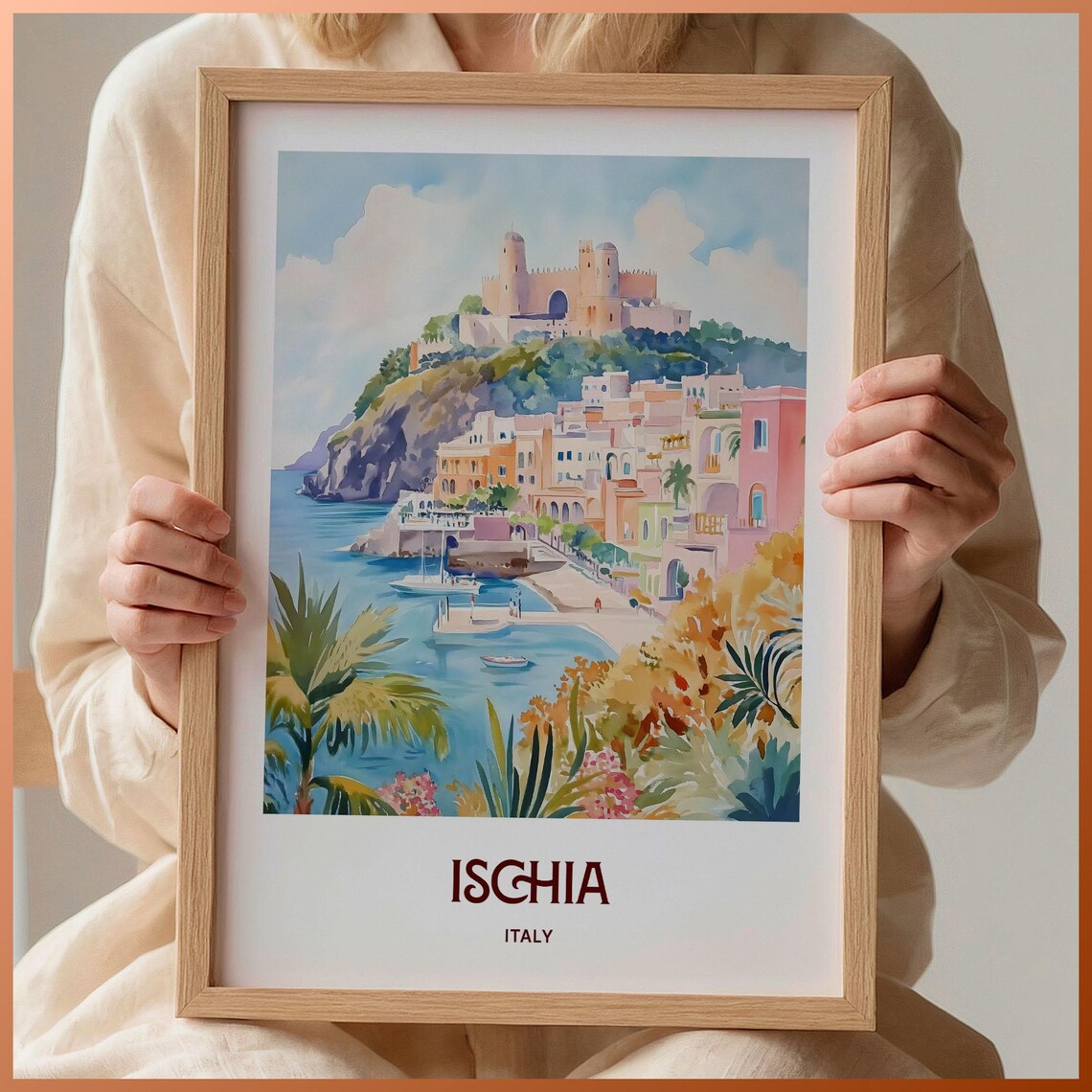 Ischia Italy Watercolor Aragonese Castle Cliff Harbor Pastel Town Poster