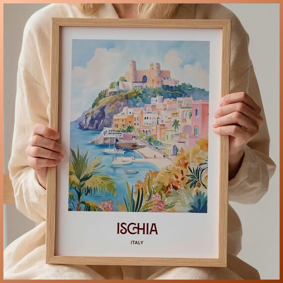 Ischia Italy Watercolor Aragonese Castle Cliff Harbor Pastel Town Poster