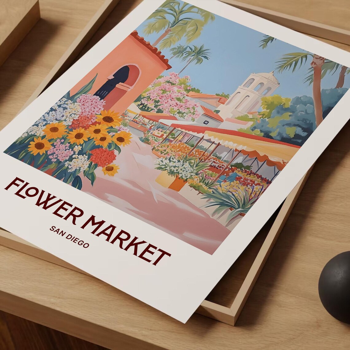San Diego Flower Market Sunflower Stalls Watercolor Travel Poster - Image 2