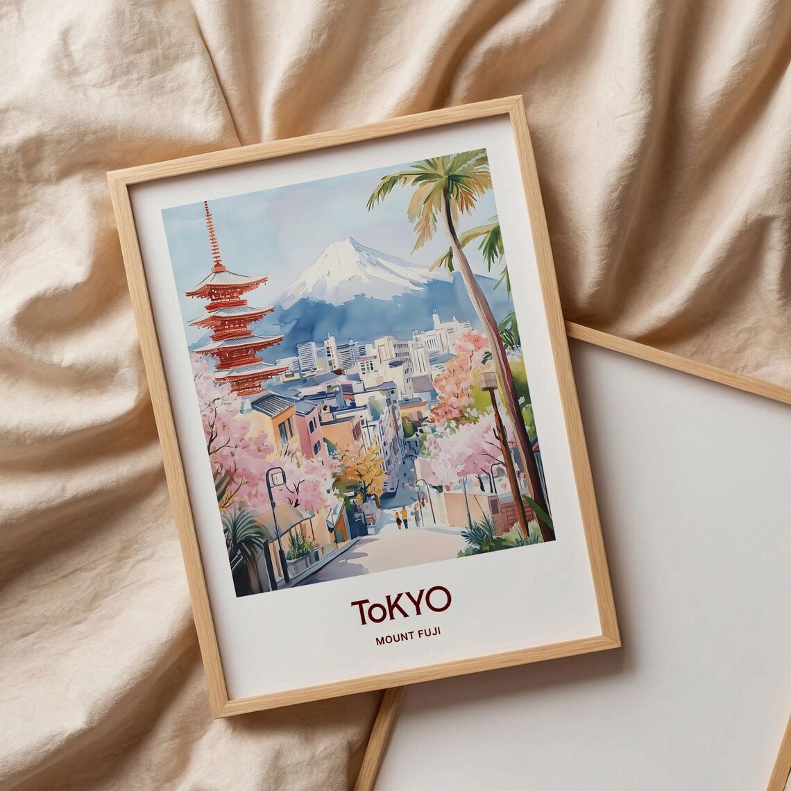 Tokyo Mount Fuji Pagoda Cherry Blossom Watercolor Travel Poster - Image 3