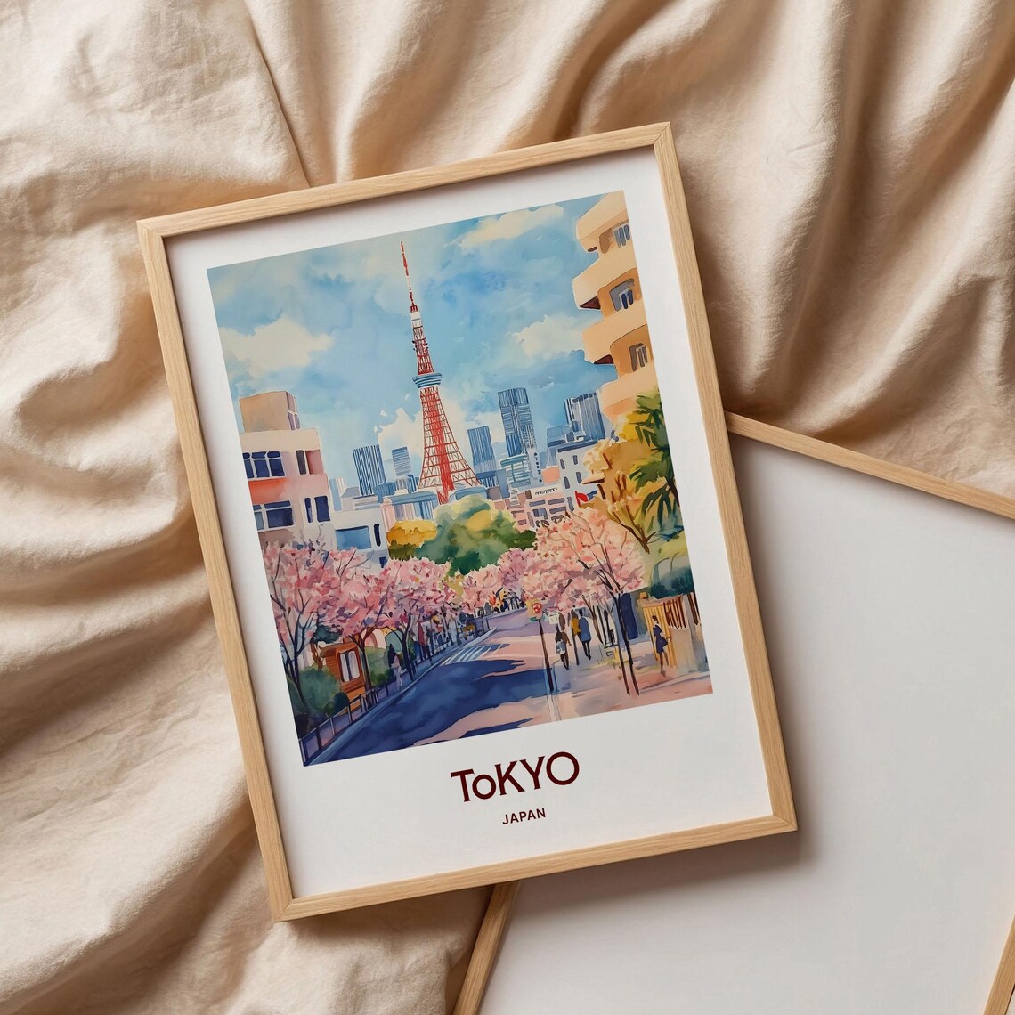 Tokyo Japan Pastel Landmark Tower Cherry Blossom Scene Poster - Image 3