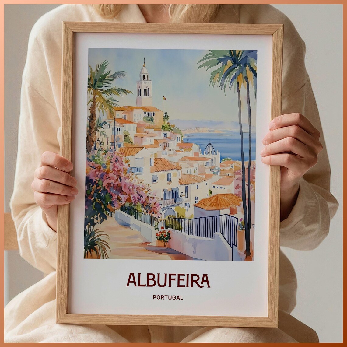 Albufeira Portugal Watercolor Old Town Hillside Sea View Travel Poster