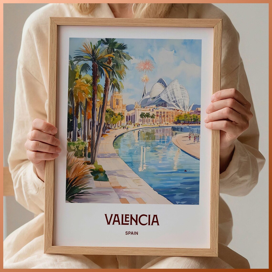 Valencia Spain City of Arts Waterfront Promenade Watercolor Poster