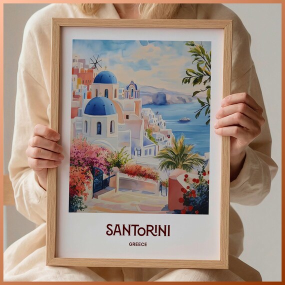 Santorini Blue Domes Caldera Greece Watercolor Travel Poster