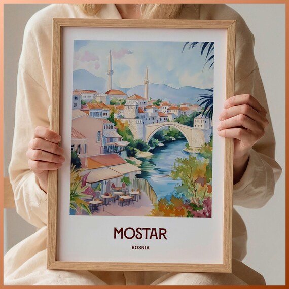 Mostar Bosnia Stari Most Bridge River Watercolor Travel Poster