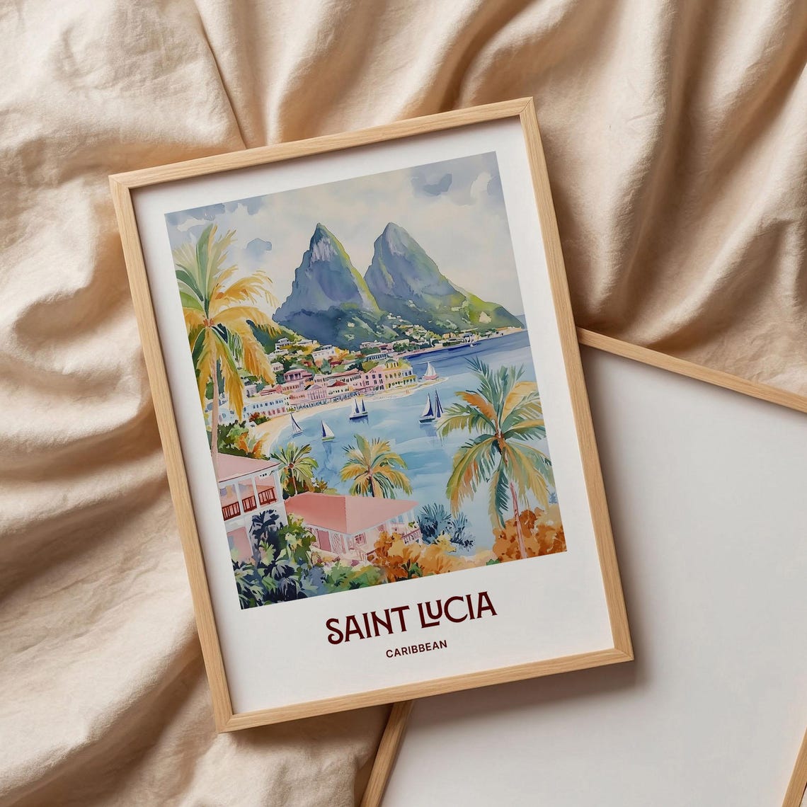 Saint Lucia Pitons Twin Peaks Caribbean Watercolor Travel Poster - Image 3