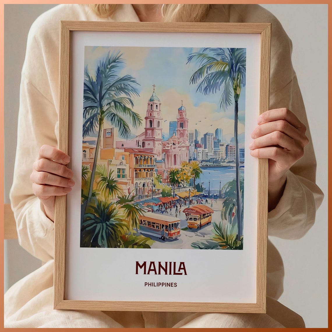 Manila Philippines Watercolor Waterfront Cathedral Scene Poster