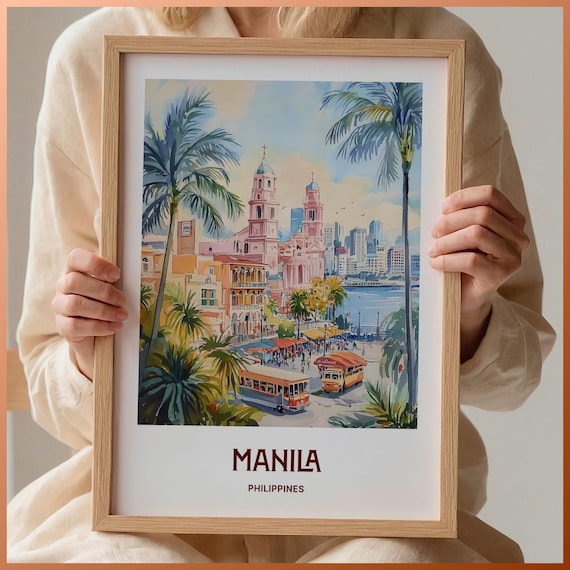 Manila Philippines Watercolor Waterfront Cathedral Scene Poster