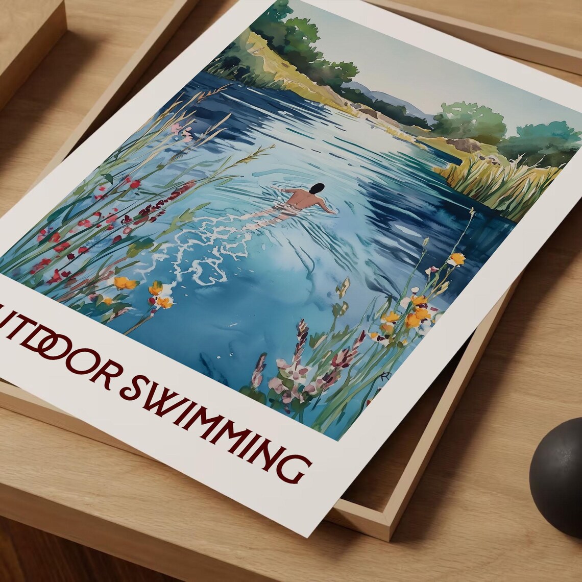 Outdoor Swimming Wildflower Blue River Scene Watercolor Poster - Image 2